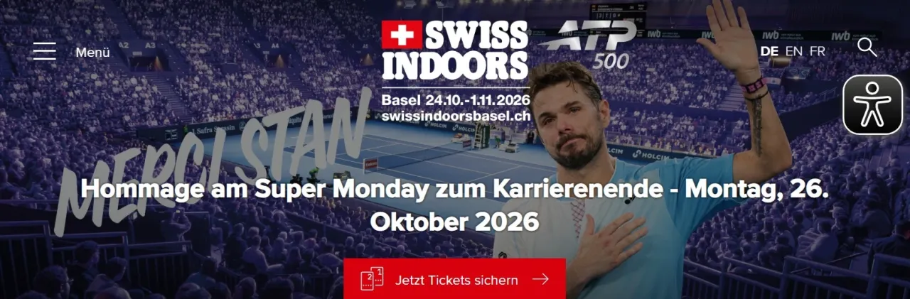 Так выглядит титульная страница сайта турнира Swiss Indoors Basel в ожидании проводов из Большого тенниса Стэна Вавринки…
