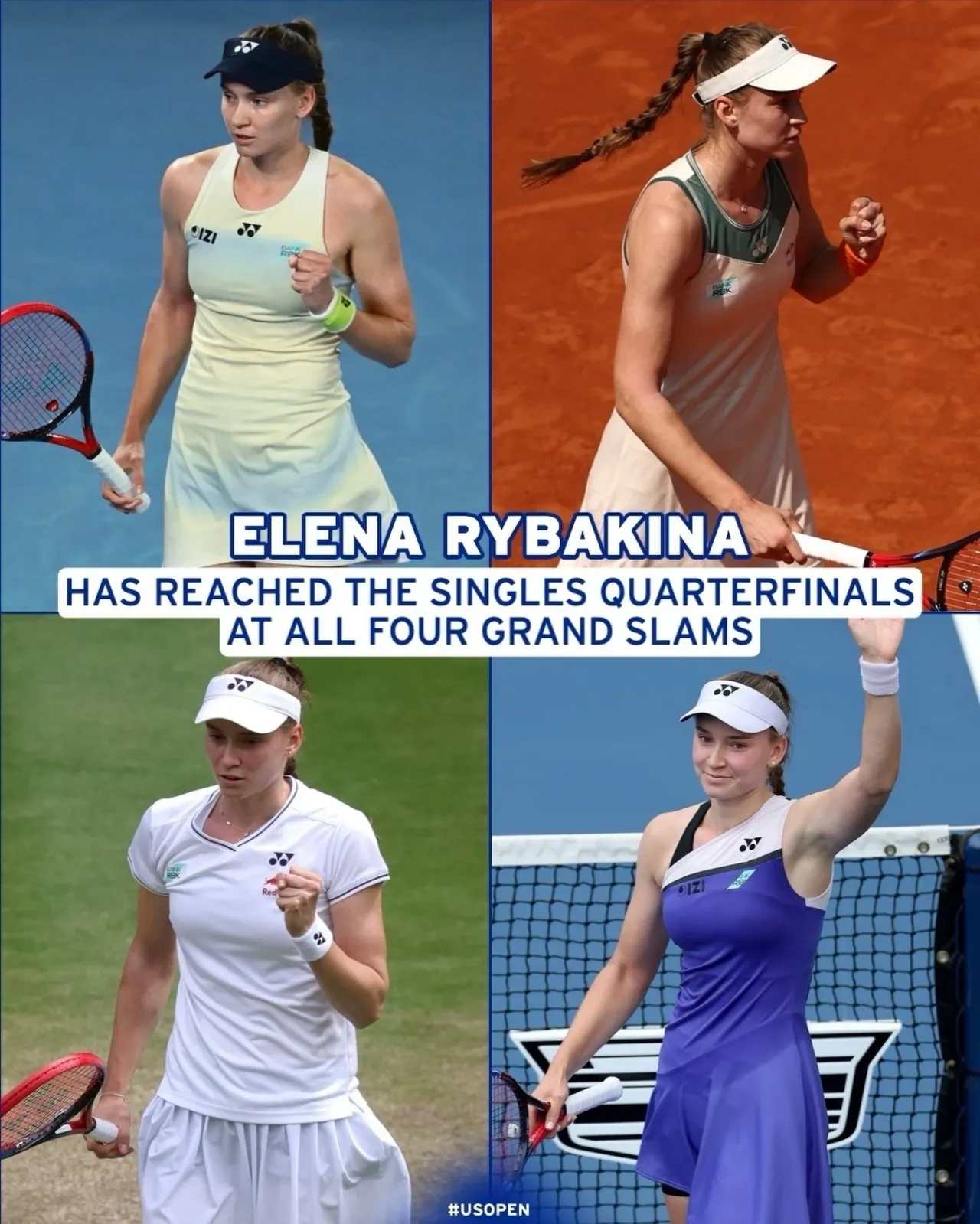 Пресс-служба US Open отметила выход Рыбакиной в 1/4 финала на всех турнирах Большого шлема в карьере